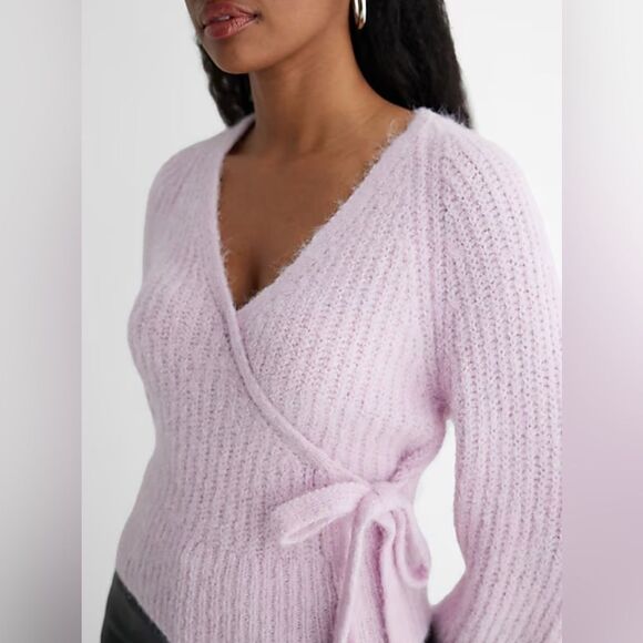 NWT Express Fuzzy Ribbed Surplice Tied Sweater Wool Blend Medium - Picture 2 of 5